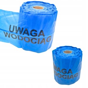 Taśma ostrzegawcza niebieska 20 cm z wkładką metalową UWAGA WODOCIĄG 100 mb